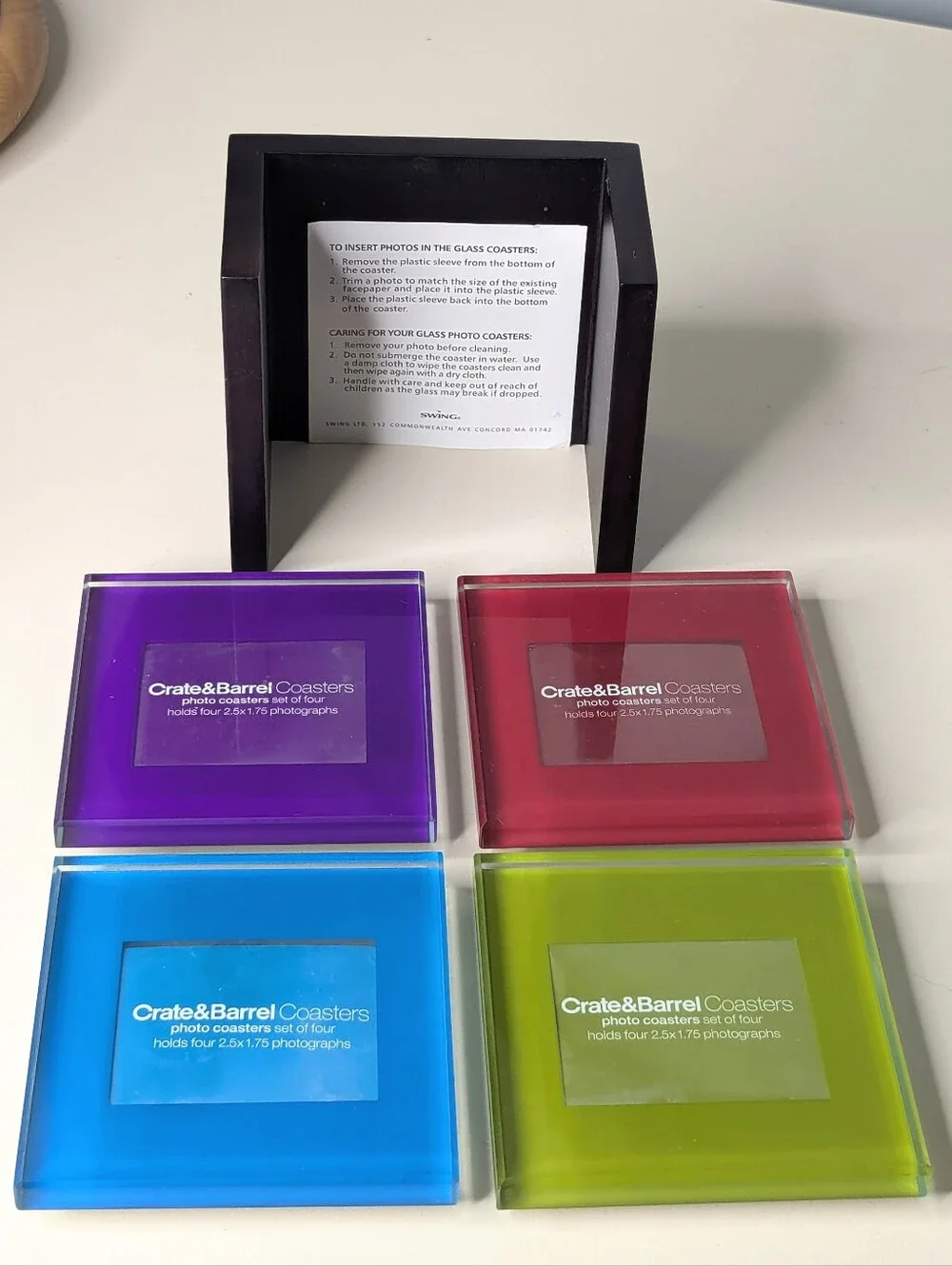 Crate&Barrel Colored Glass Picture Frame Coasters In Dark Wood Holder Set Of 4